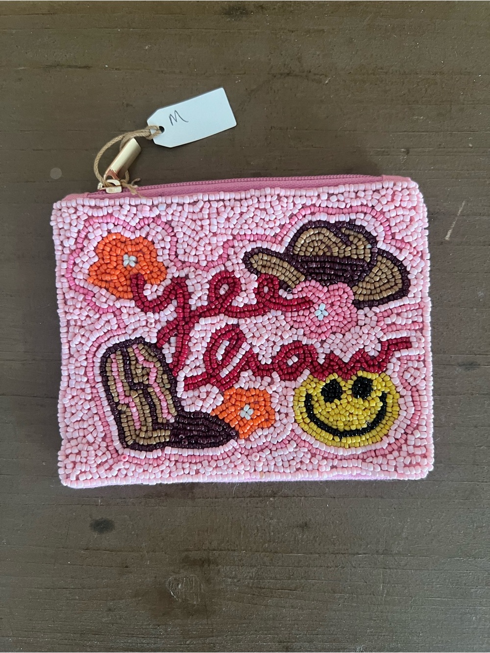 Pink Beaded 'Good Vibes' Zip Pouch with Graphic Motifs